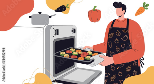 Cheerful Man Preparing Baked Vegetables In The Oven For Healthy Nutrition