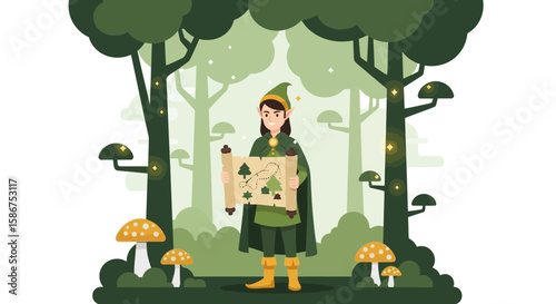 Enchanted Forest Adventure Elf Reading A Treasure Map Surrounded By Flora