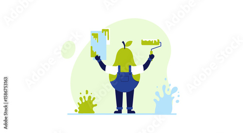 Cheerful Pear Decorator Holding Paint Roller And Painting Minimalist Illustration