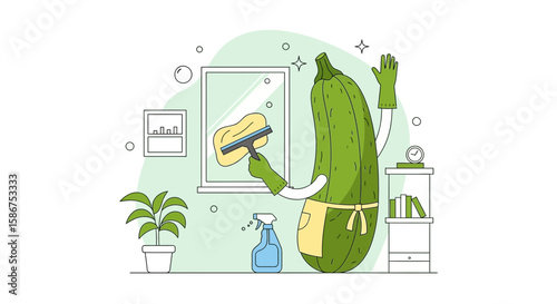 Funny Zucchini Character Cleaning a Window in a Whimsical Home Setting