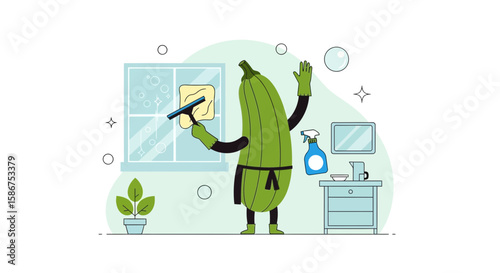 Funny Zucchini Character Cleaning Windows With Squeegee In The Home Illustration
