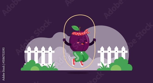 Cheerful Plum Having Fun Skipping Rope In The Backyard Vector Illustration