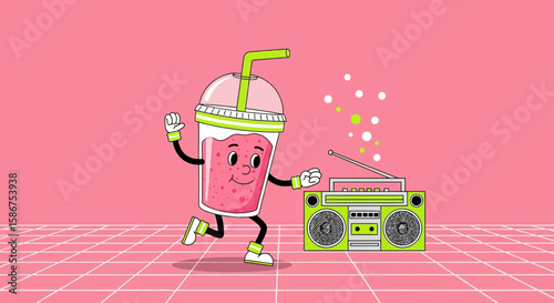 Cheerful Smoothie Dancing To The Beat Of An Old School Radio In Retro Style