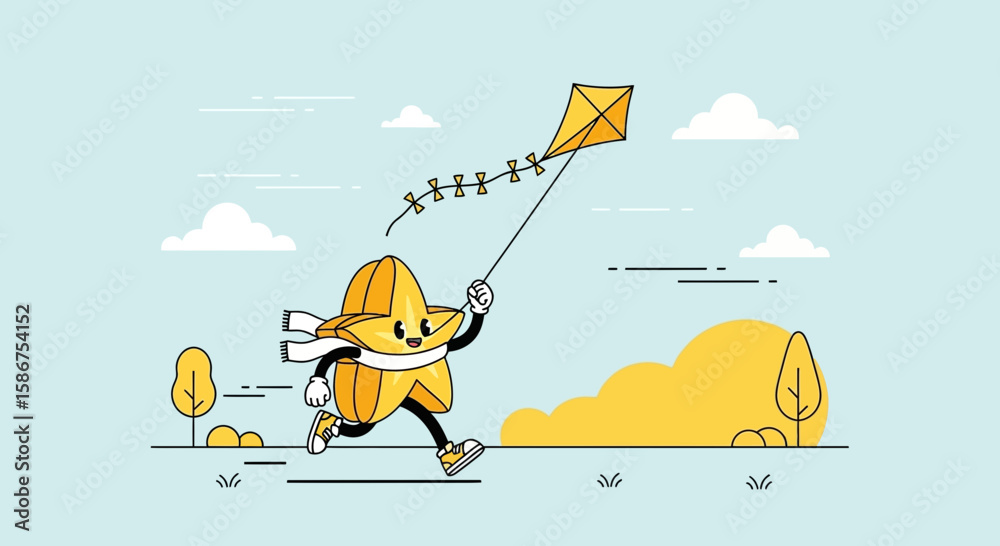 Fototapeta premium Cheerful Star Character Flying A Kite In Nature's Embrace Cartoon Illustration