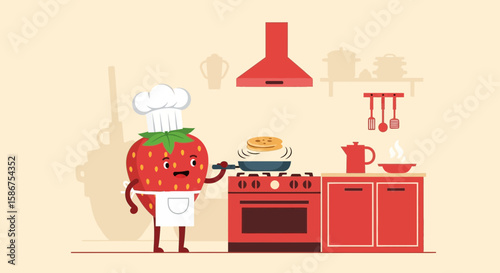 Cheerful Strawberry Chef Cartoon Character Preparing Pancakes In The Kitchen