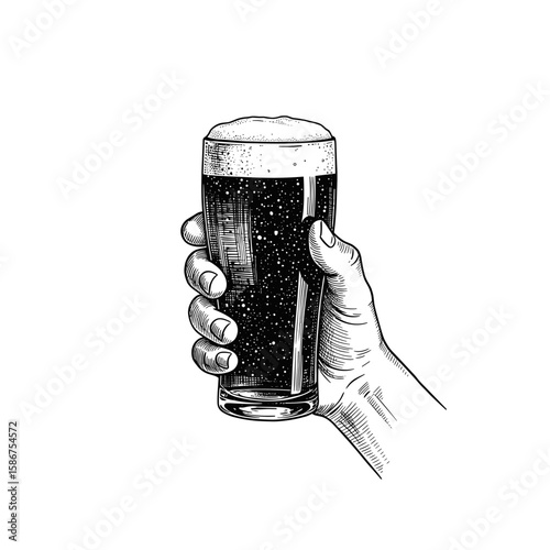 POV vintage sketch beer mug with foam in hand first person view – a hand drawn black and white vector illustration engraving or woodcut svg