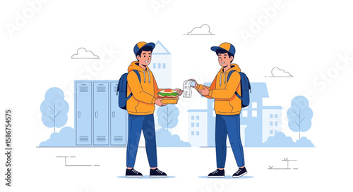 Cheerful Students With Their Lunch Exchanging Notes Before Starting School Day
