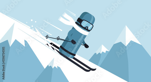 Energetic Winter Sport Cartoon Character Skiing Downhill With Mountain Landscape
