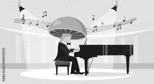 Enigmatic Fungi Maestro At The Piano Monochrome Surrealism Concert Illustration