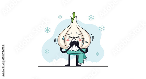 Garlic Having Cold With Tissue And Scarf In Snowy Season Illustration