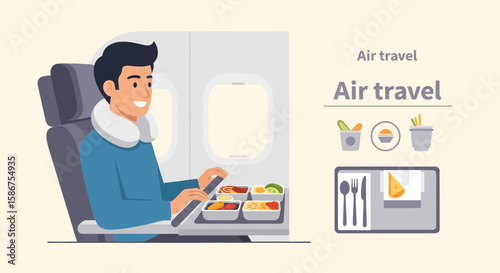 Enjoying Inflight Meal Man On Airplane Traveling By Air Transport