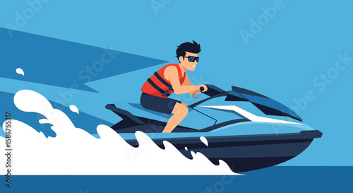 Enjoying Summer Fun Man Riding Jet Ski on Water Holiday Concept Design