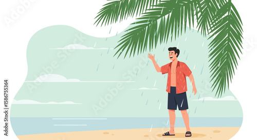 Enjoying Unexpected Rain Shower On Vacation At The Beach With Palm Tree