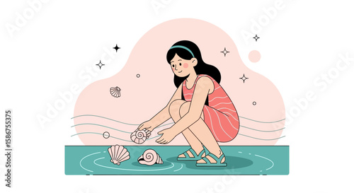 Girl Collecting Seashells By The Beach Happy Woman On Summer Vacation
