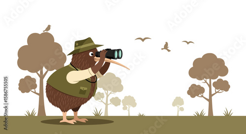 Enthusiastic Kiwi Birdwatcher With Binoculars Enjoying Nature's Beauty in Woodland Scene
