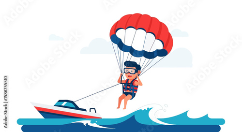 Enthusiastic Man Enjoying Parasailing Adventure On Sea With Boat And Blue Sky