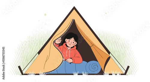 Girl In Tent Illustration Welcoming The Day On Camping Adventure Trip