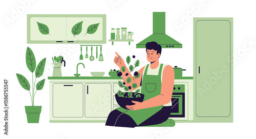 Enthusiastic Man Preparing Healthy Food with Fresh Ingredients in the Kitchen