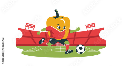 Enthusiastic Yellow Pepper Plays Soccer At The Stadium With Passion And Energy