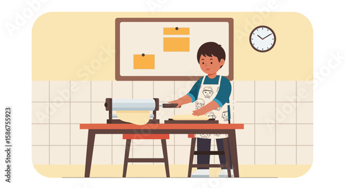 Enthusiastic Young Boy Carefully Preparing Pasta in A Bright Kitchen Setting