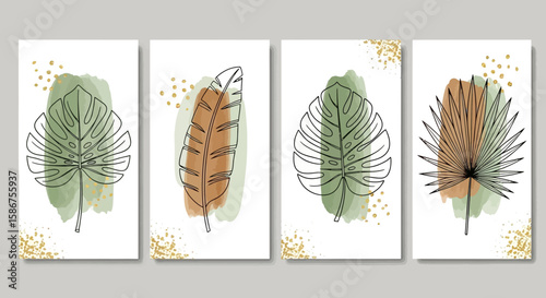 Elegant Botanical Art Prints Minimalist Leaf Line Drawings on Watercolor Backgrounds for Wall Decor