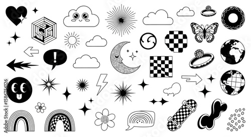 Collection of whimsical black and white vector icons, featuring diverse elements like nature and celestial bodies, perfect for graphic design and branding projects.
