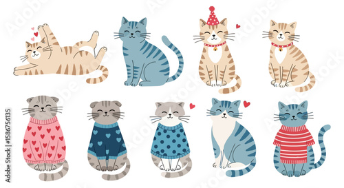 Collection of Adorable Cats in Various Poses and Outfits Whimsical Illustration for Cat Lovers