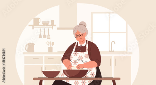 Grandma Preparing Dough Homemade Baking with Love in Cozy Kitchen