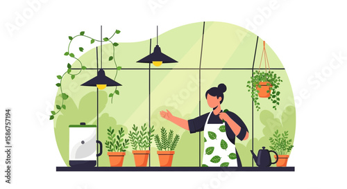 Greenhouse Serenity Woman Tending Her Indoor Garden Collection At Home