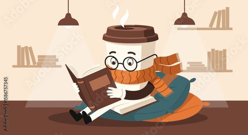 Cup Of Coffee Reading A Book Cartoon Illustration In Cozy Room