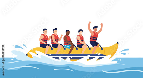 Group Of Friends Enjoying A Banana Boat Ride In The Ocean Waters