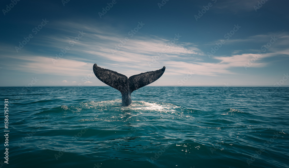 Fototapeta premium Blue whale tail in the ocean, marine life photography, whale, 