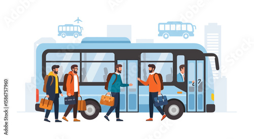 Group Of Passengers Boarding Shuttle Bus Transportation In City Environment Vector Illustration
