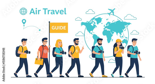 Group Of Tourists On An Air Trip Guided By A Person Holding The Guide Sign