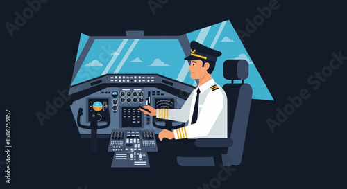 Experienced Pilot Flying Airplane In Cockpit With Instrument Panels Display Screen