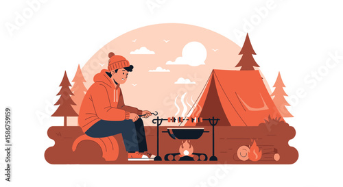 Guy Enjoying A Camping Trip Preparing Food Over An Open Fire Outdoors