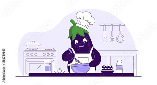 Happy Aubergine Chef Prepares Delicious Meal In A Minimalist Kitchen