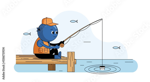 Happy Blue Character Fishing on a Wooden Pier Cartoon Illustration