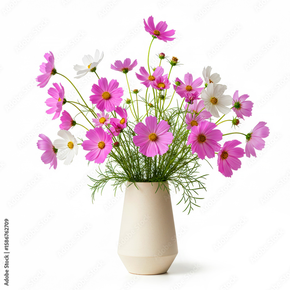 Fototapeta premium Elegant floral arrangement with cosmos in ceramic vase isolated on white