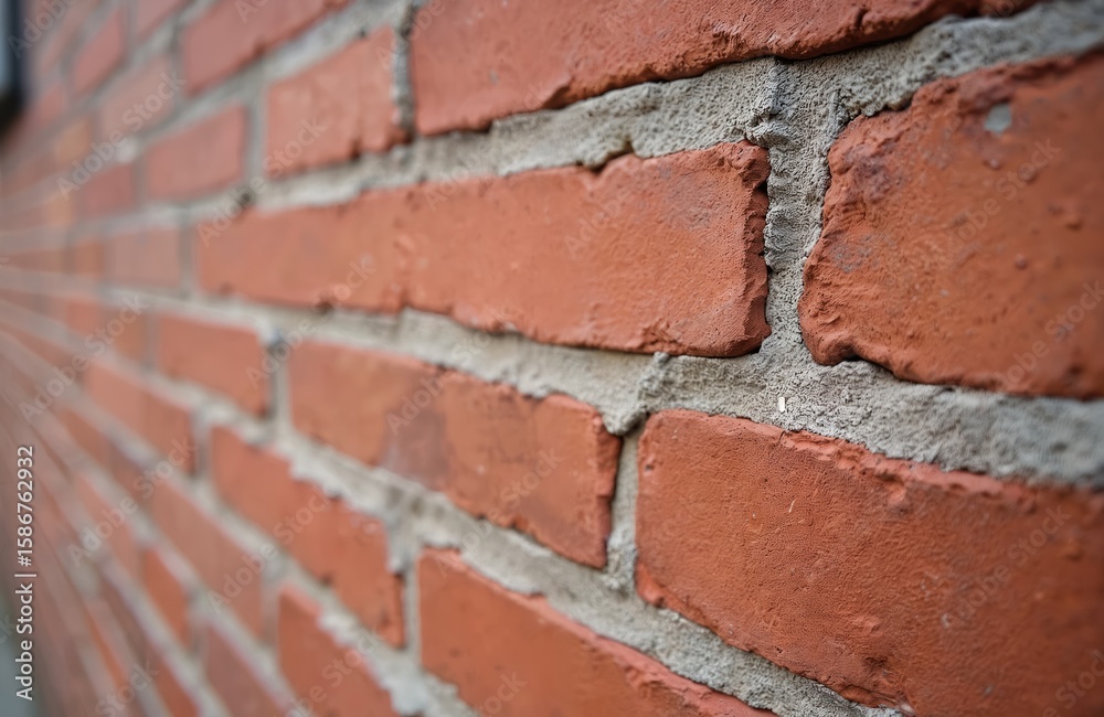 Obraz premium Close-up texture of red brick wall aged, rough surface with visible mortar lines. Pattern of bricks suggests classic construction material, ideal for architectural backgrounds design elements.
