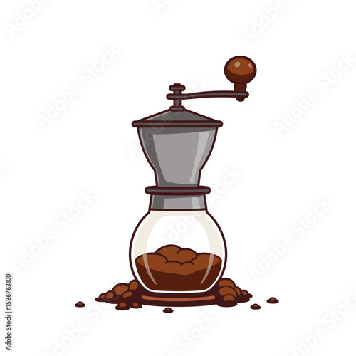 Manual coffee grinder with ground coffee on transparent background  