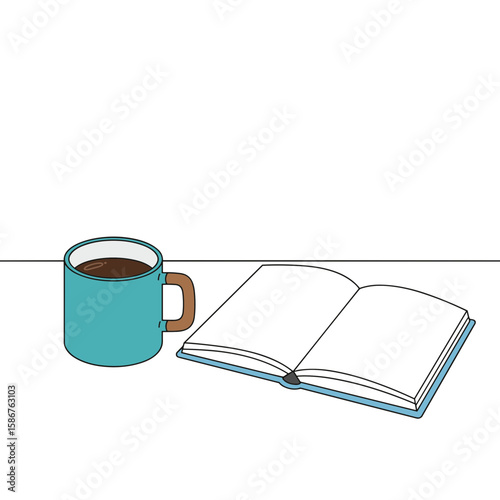 Coffee cup and notebook on white desk in minimalist style  