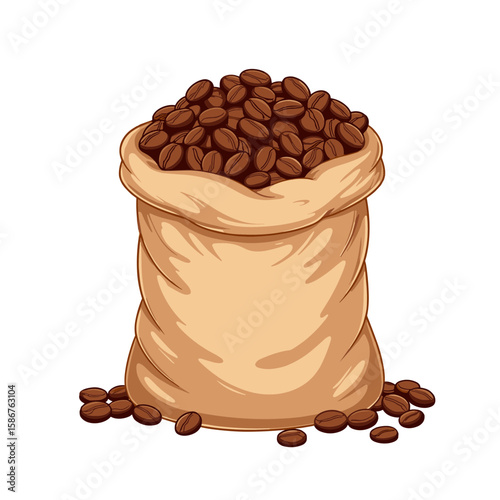 Burlap sack filled with coffee beans and spilling on transparent background  