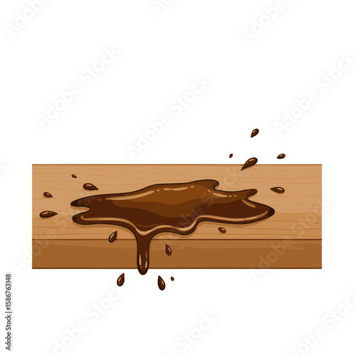 Coffee spilled on wooden table with splashes and drips  