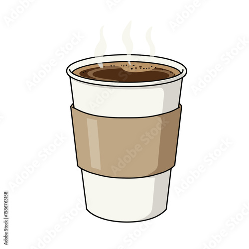 Paper coffee cup with sleeve filled with hot beverage and steam  