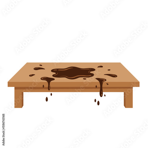 Spilled coffee on wooden table creating a messy coffee shop concept  