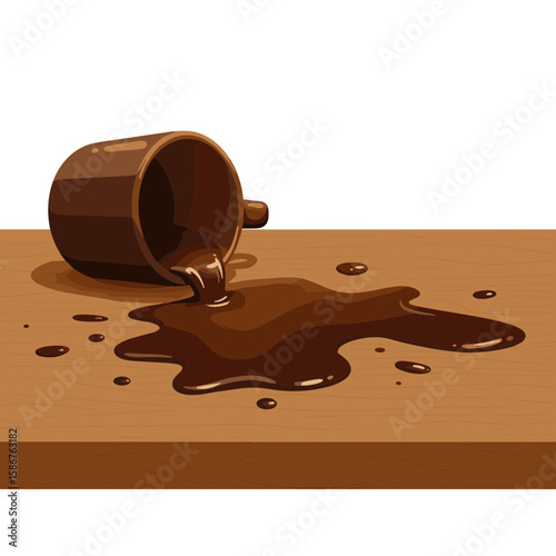 Spilled coffee from mug on wooden table surface with droplets  