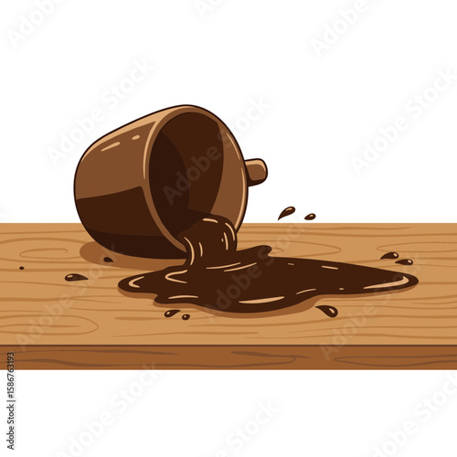 Spilled coffee cup laying on wooden table creating a mess  