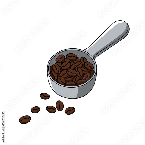 Metal coffee scoop filled with coffee beans and spilled beans  