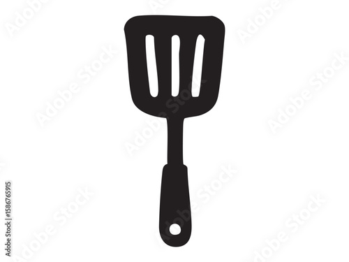 Black silhouette of kitchen spatula, isolated on white background, graphic illustration. concept of cooking tool, utensil, kitchenware, home chef accessory, design element